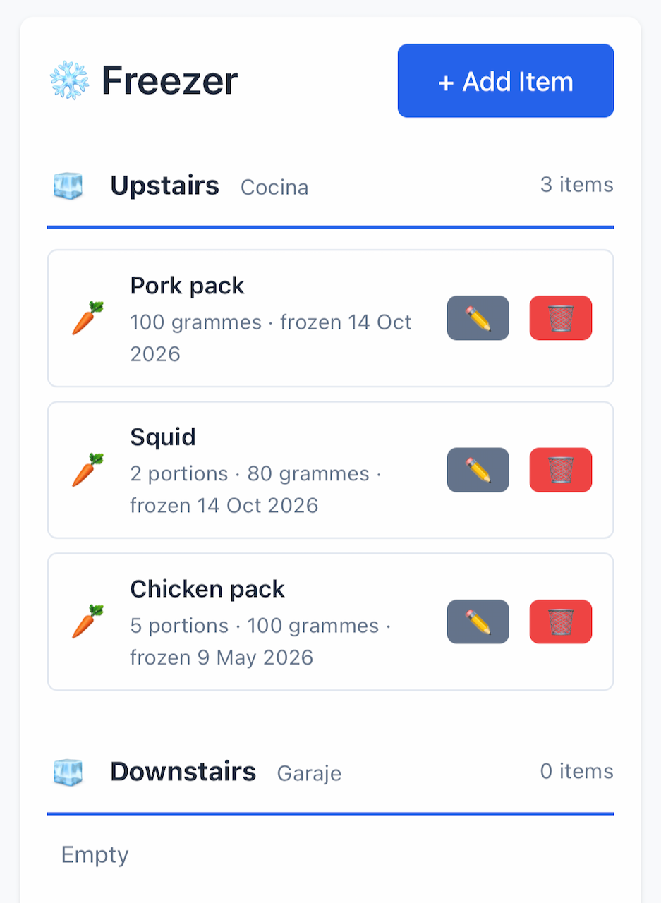 Freezer contents in MenuPlan